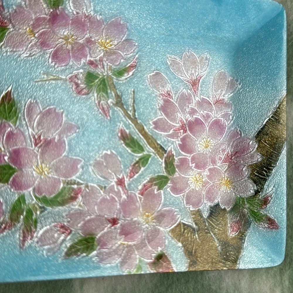 Vintage Japanese wireless closonne enamel  Rectangular Tray cherry bloss…